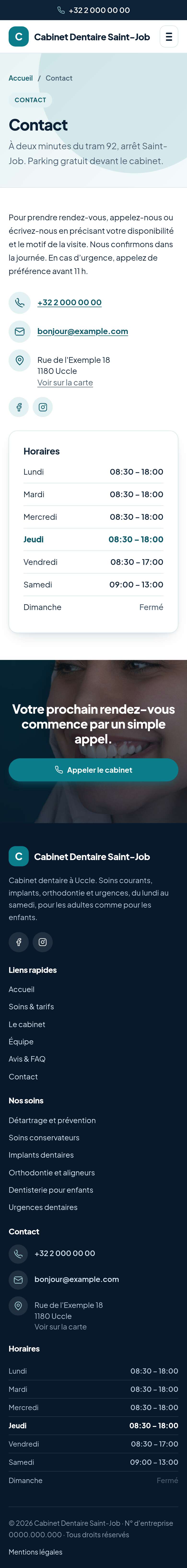 La page « Contact » du modèle Anchor sur un téléphone, partie 1 sur 2