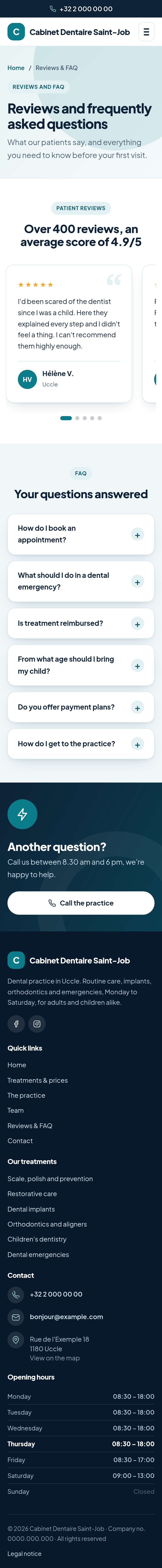 The “Reviews & FAQ” page of the Anchor design on a phone, part 1 of 2