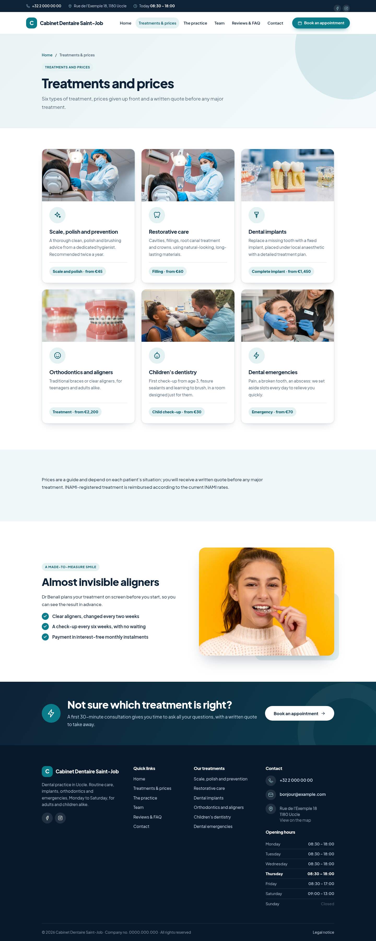The “Treatments & prices” page of the Anchor design on a computer