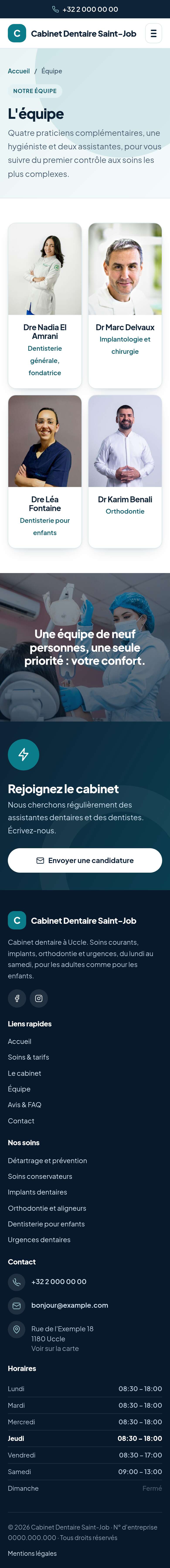 La page « Équipe » du modèle Anchor sur un téléphone, partie 1 sur 2