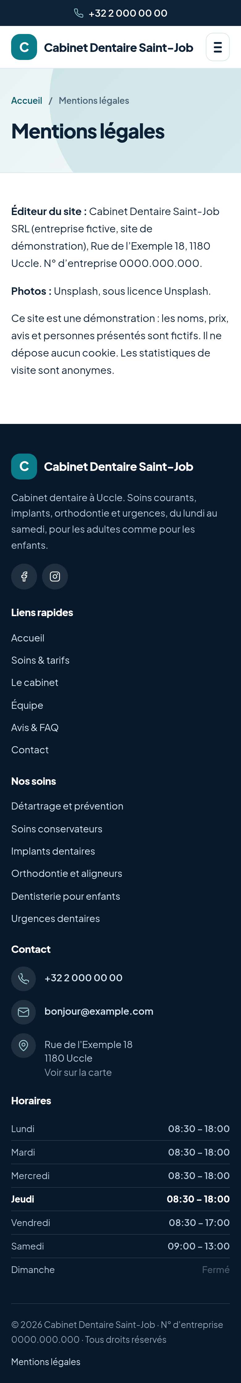 La page « Mentions légales » du modèle Anchor sur un téléphone, partie 1 sur 1