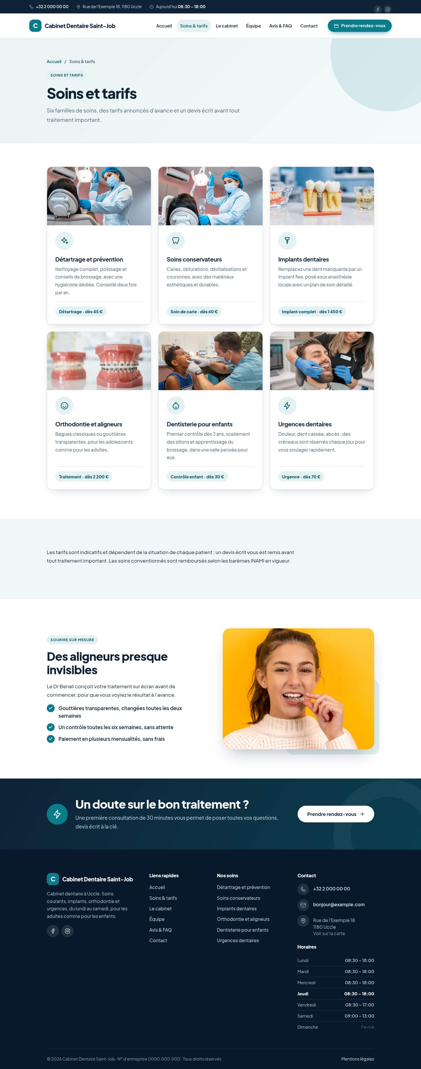 La page « Soins & tarifs » du modèle Anchor sur un ordinateur