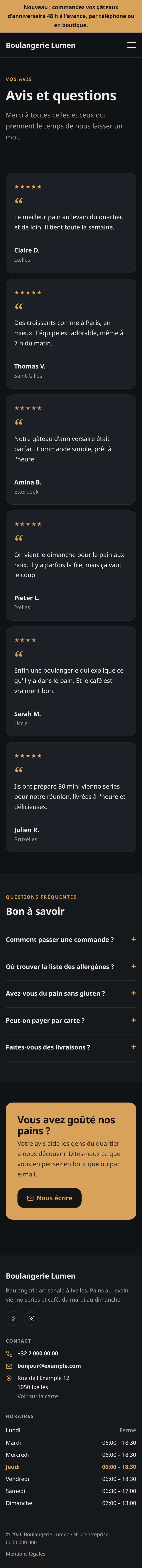 La page « Avis » du modèle Simple sur un téléphone, partie 1 sur 2