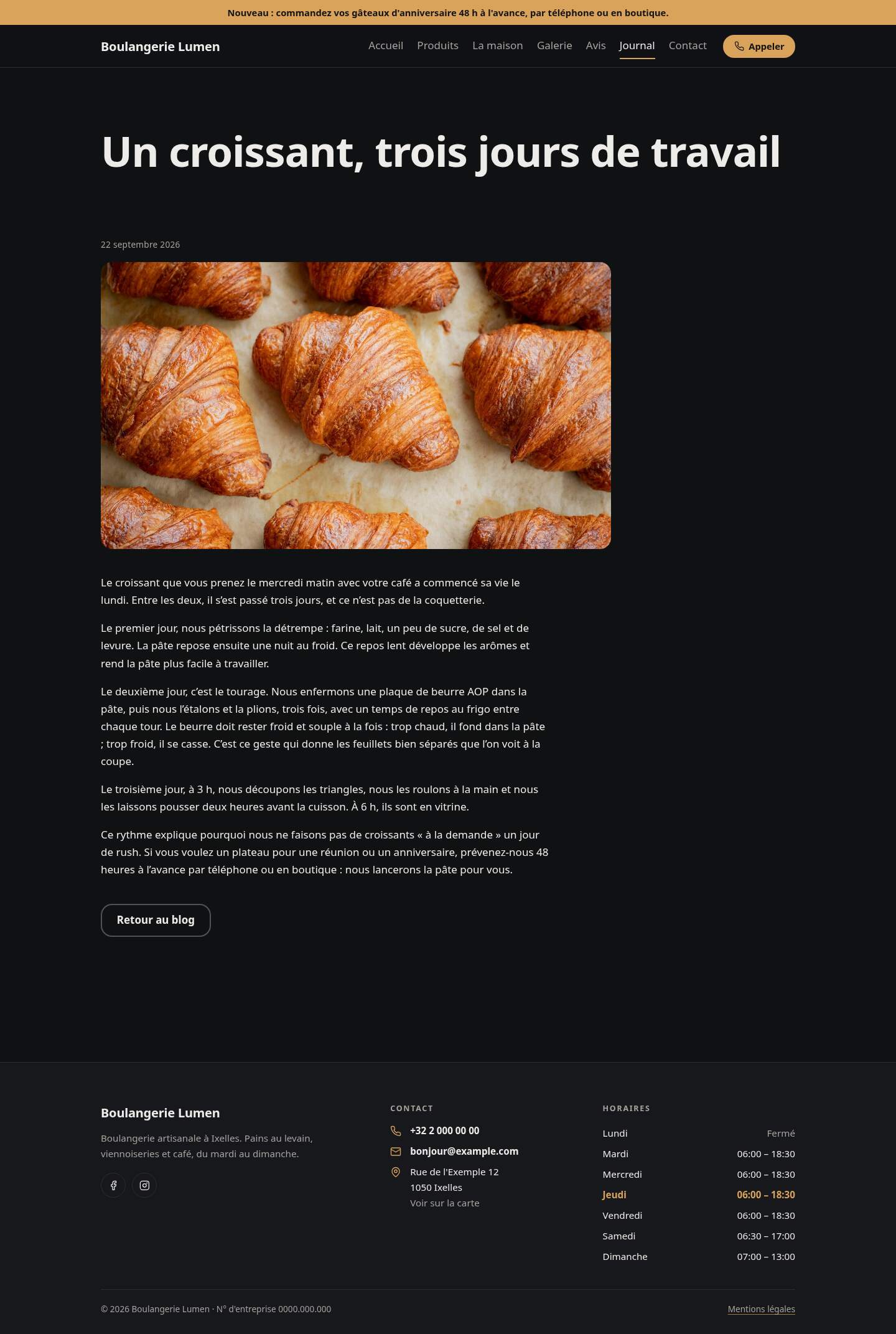 La page « Un croissant, trois jours de travail » du modèle Simple sur un ordinateur