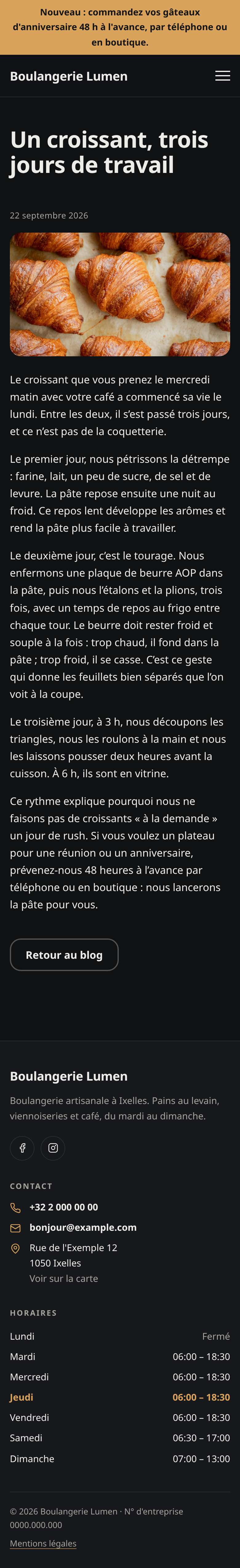 La page « Un croissant, trois jours de travail » du modèle Simple sur un téléphone, partie 1 sur 2