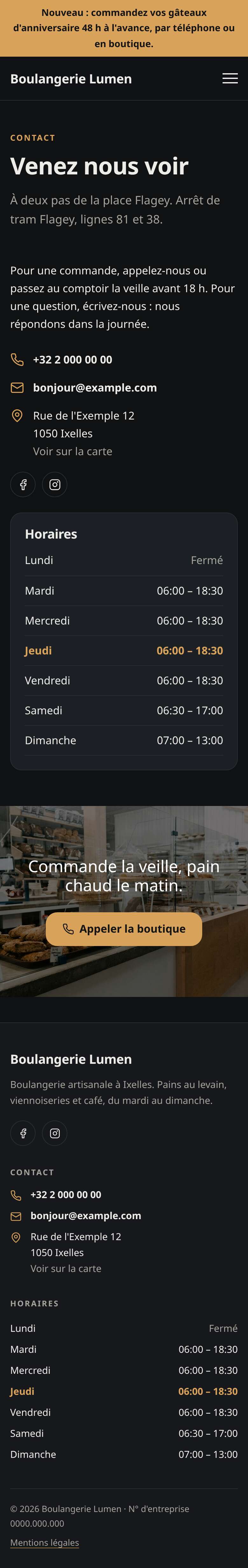 La page « Contact » du modèle Simple sur un téléphone, partie 1 sur 1
