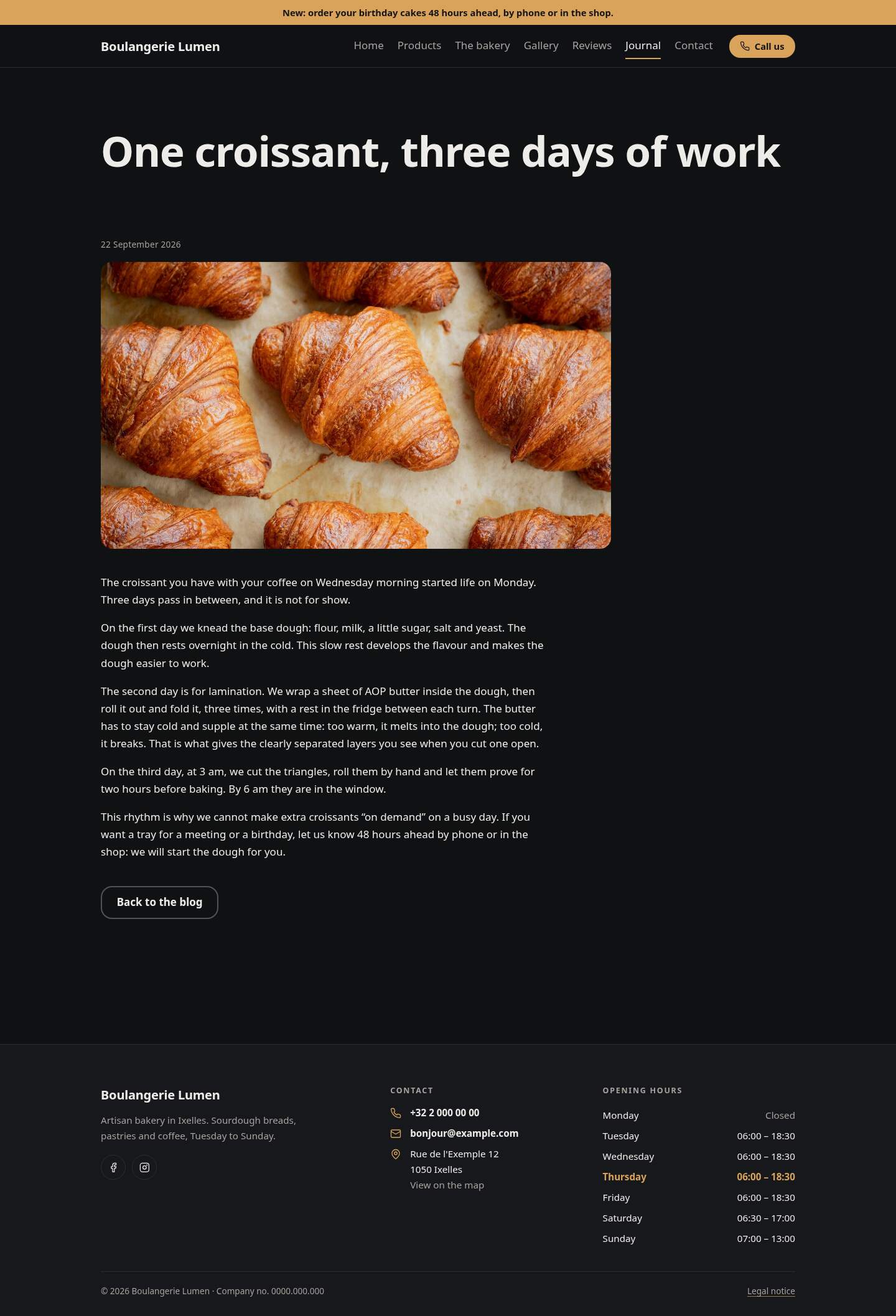 The “One croissant, three days of work” page of the Simple design on a computer