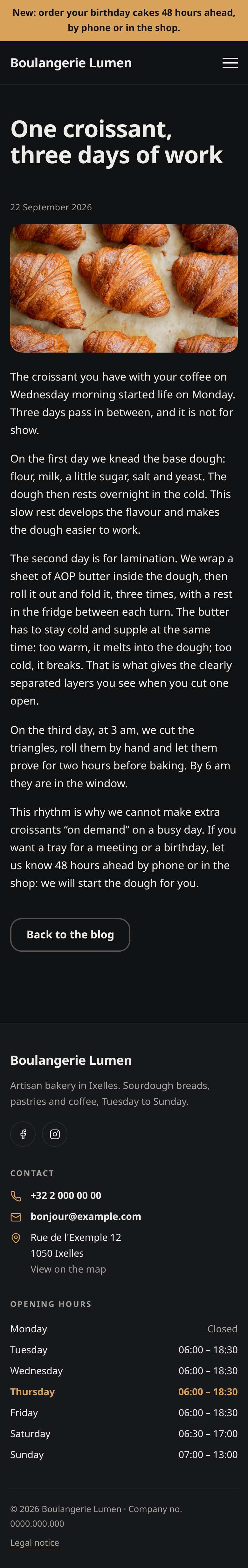 The “One croissant, three days of work” page of the Simple design on a phone, part 1 of 1