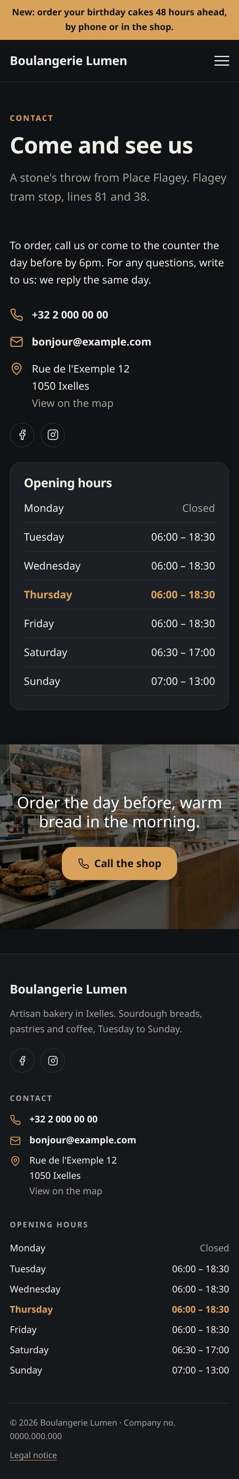 The “Contact” page of the Simple design on a phone, part 1 of 1
