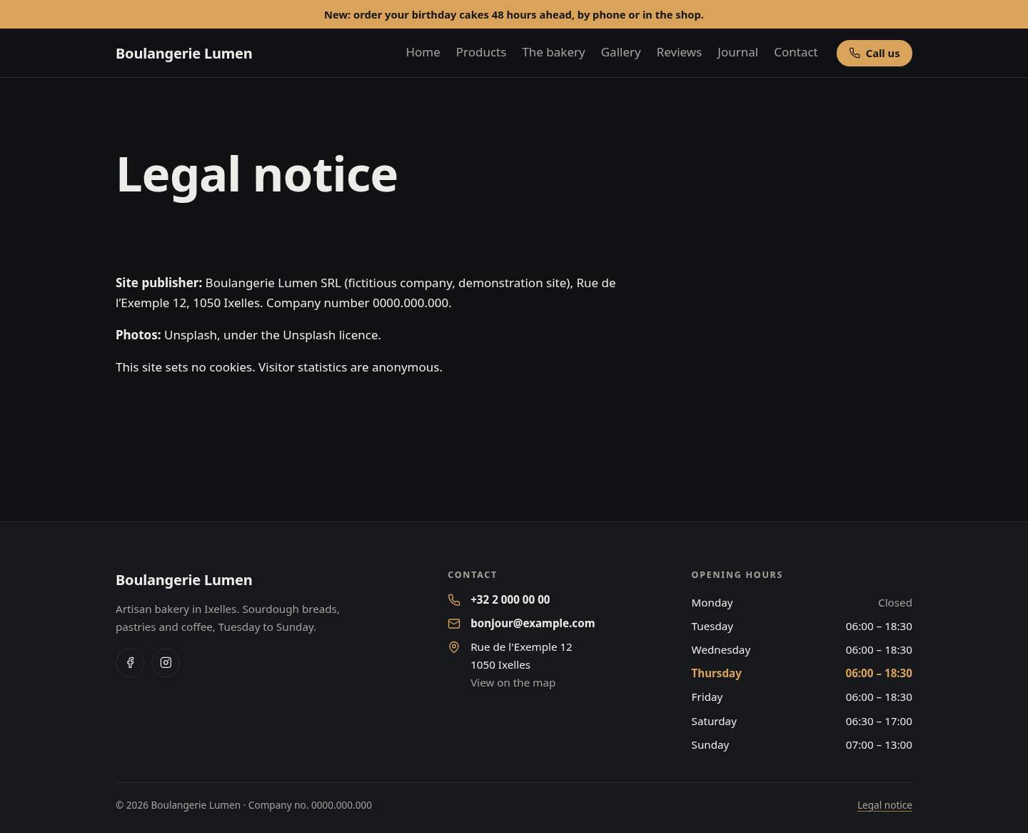 The “Legal notice” page of the Simple design on a computer