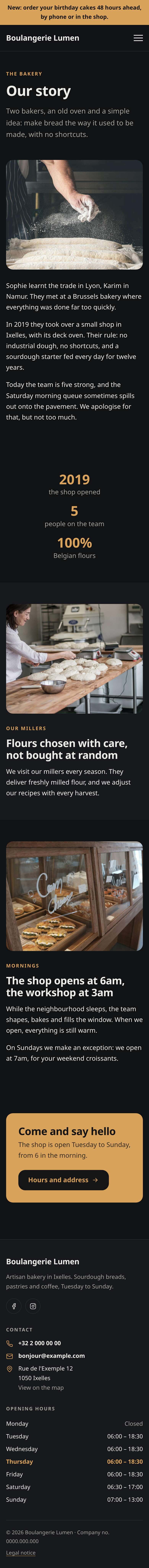 The “The bakery” page of the Simple design on a phone, part 1 of 2
