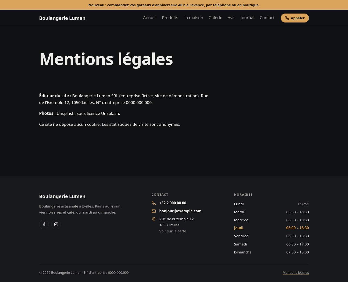 La page « Mentions légales » du modèle Simple sur un ordinateur