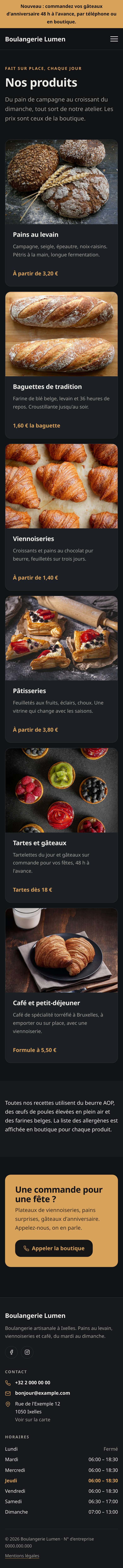 La page « Produits » du modèle Simple sur un téléphone, partie 1 sur 2