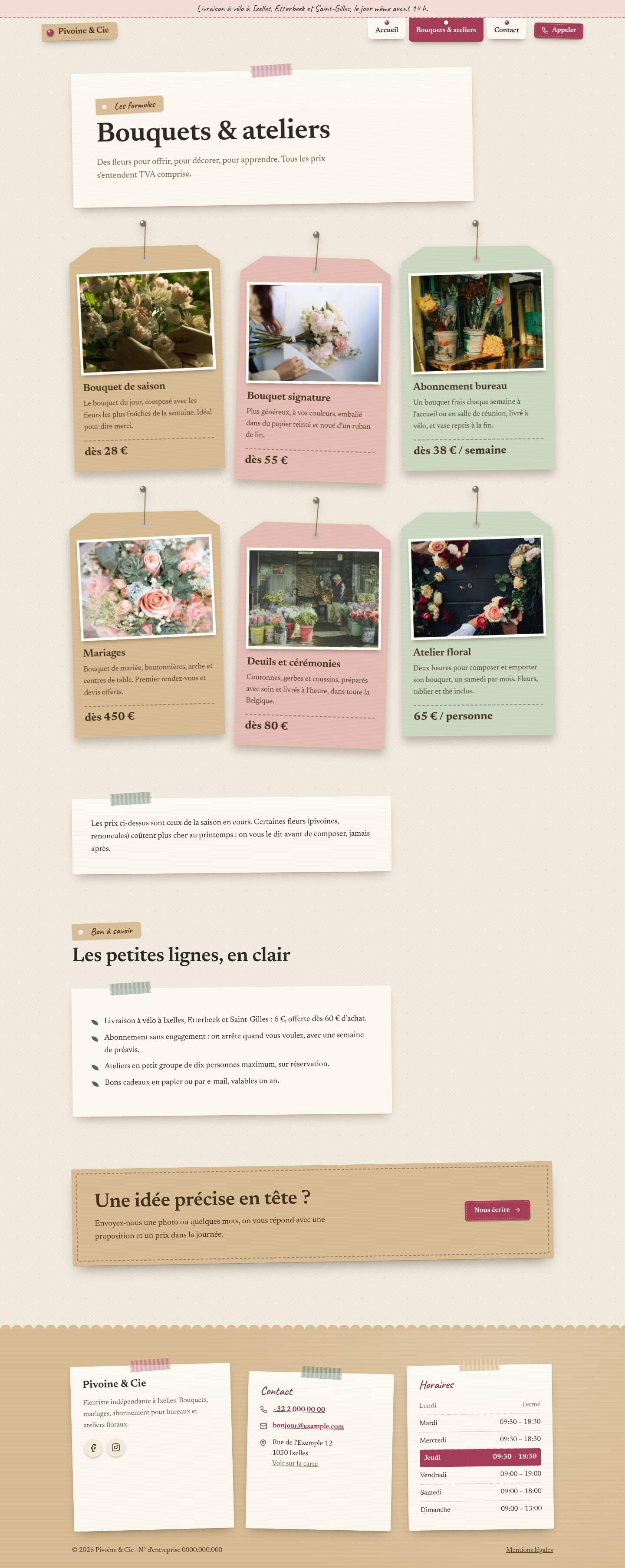 La page « Bouquets & ateliers » du modèle Bloom sur un ordinateur