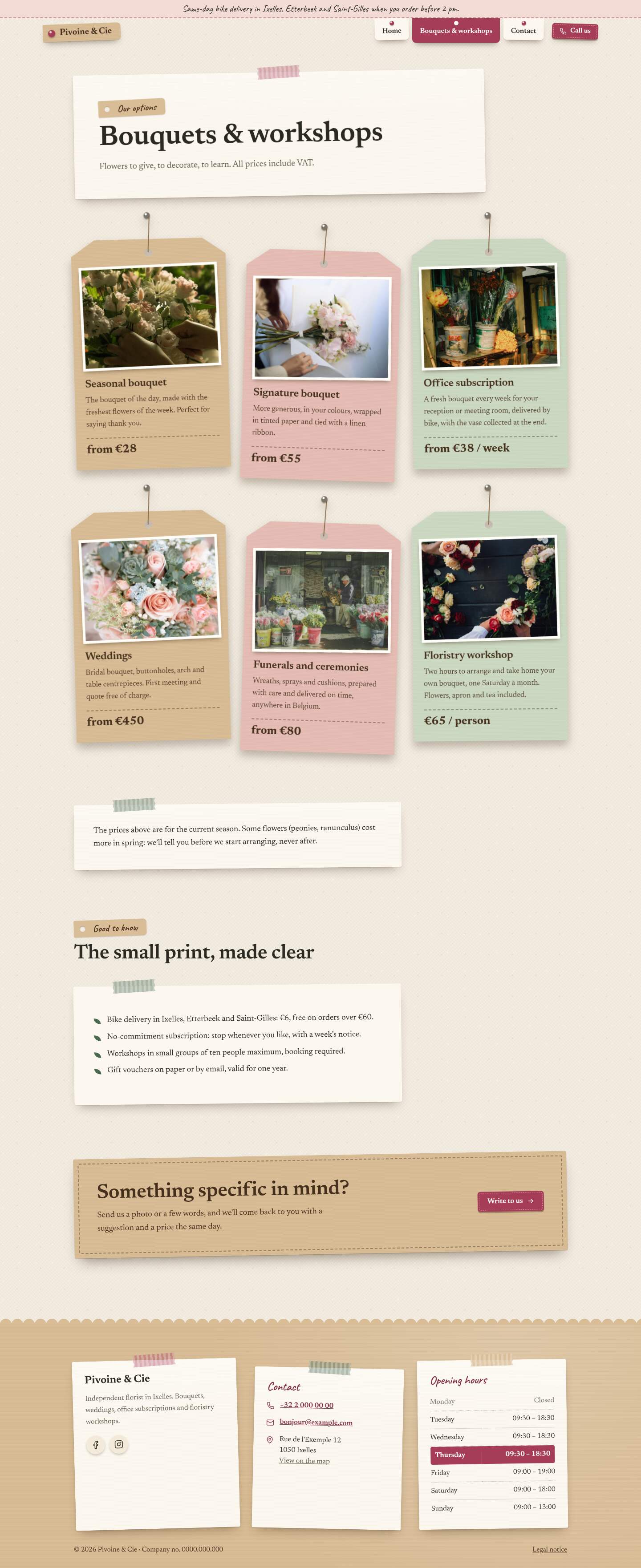 The “Bouquets & workshops” page of the Bloom design on a computer