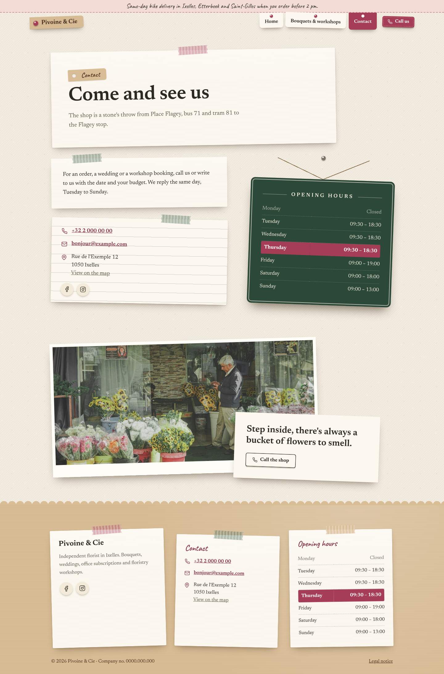 The “Contact” page of the Bloom design on a computer
