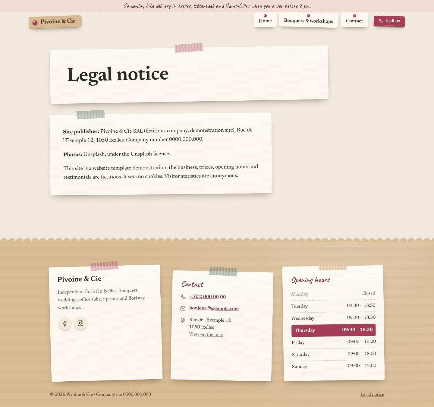 The “Legal notice” page of the Bloom design on a computer