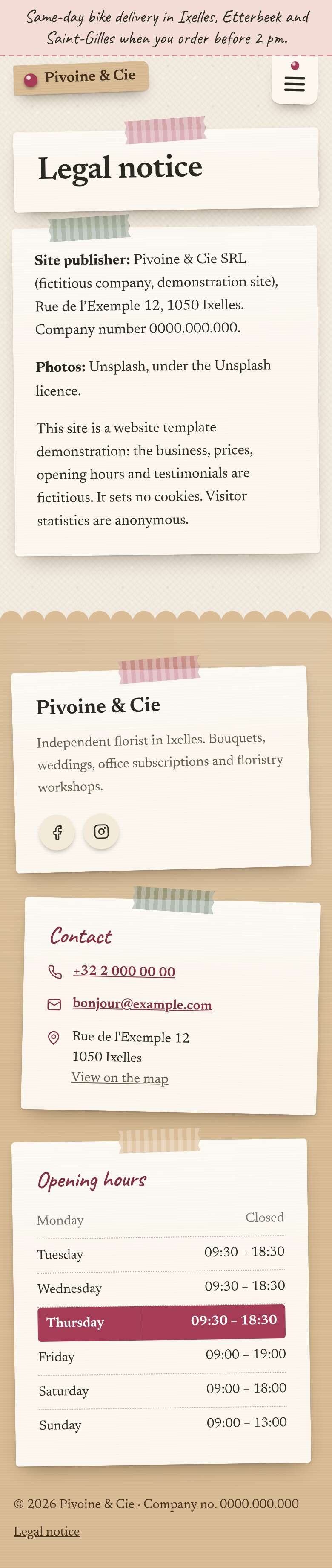 The “Legal notice” page of the Bloom design on a phone, part 1 of 1