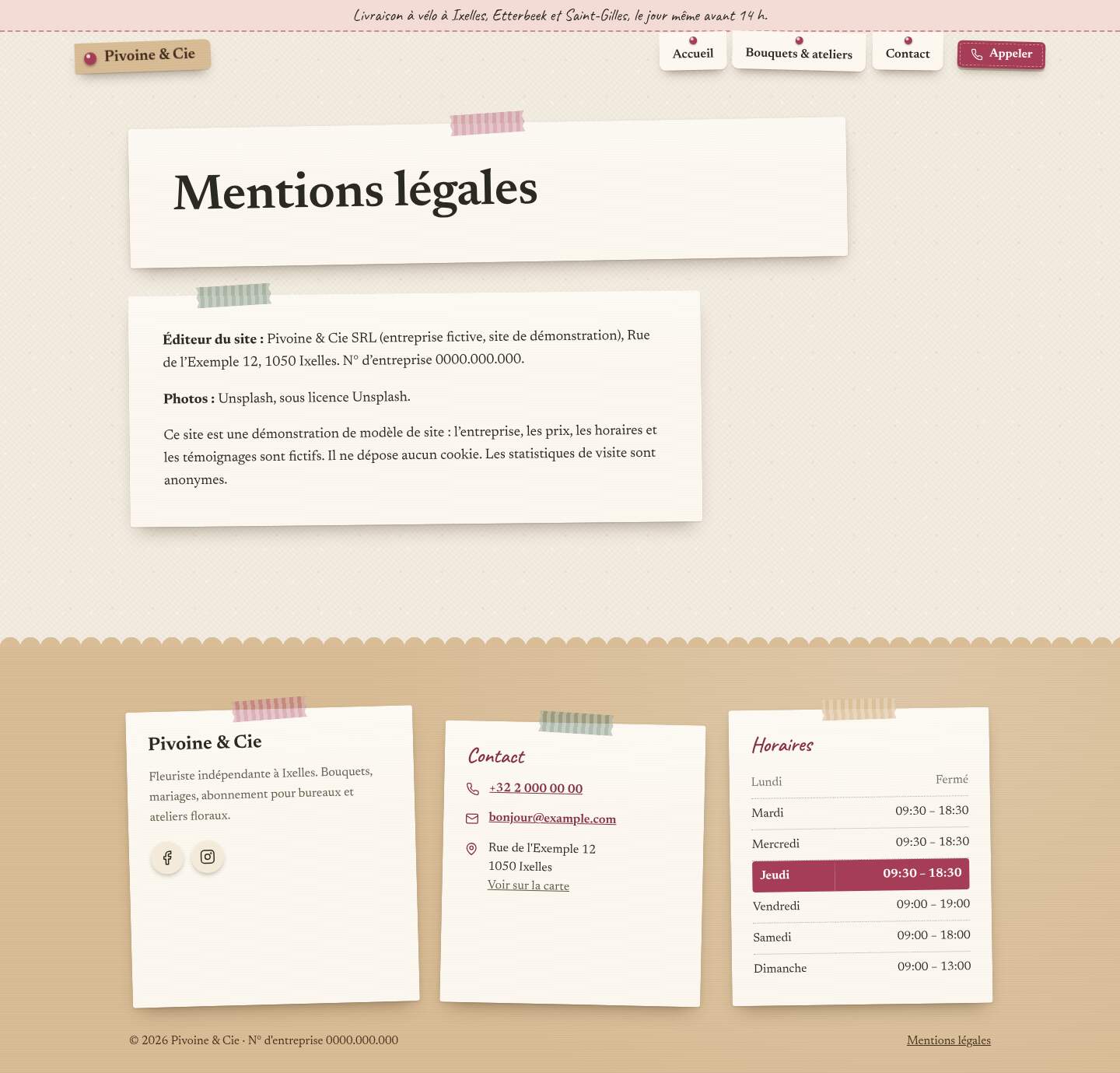 La page « Mentions légales » du modèle Bloom sur un ordinateur