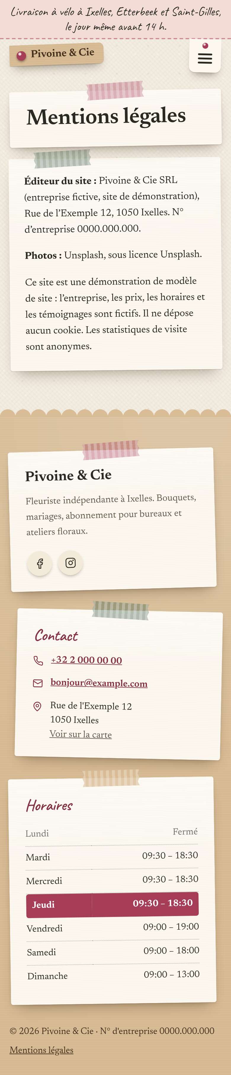 La page « Mentions légales » du modèle Bloom sur un téléphone, partie 1 sur 1