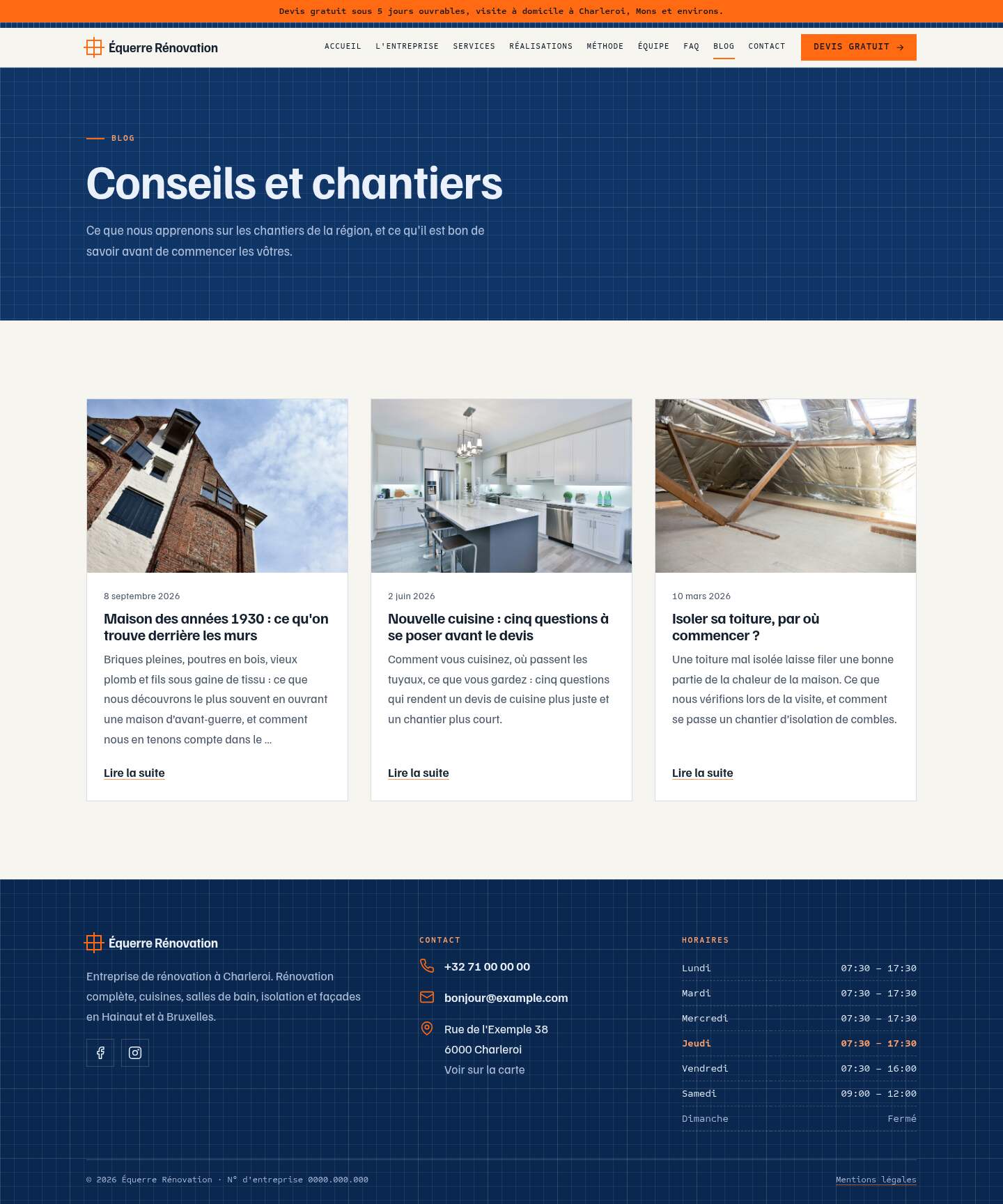 La page « Blog » du modèle Blueprint sur un ordinateur