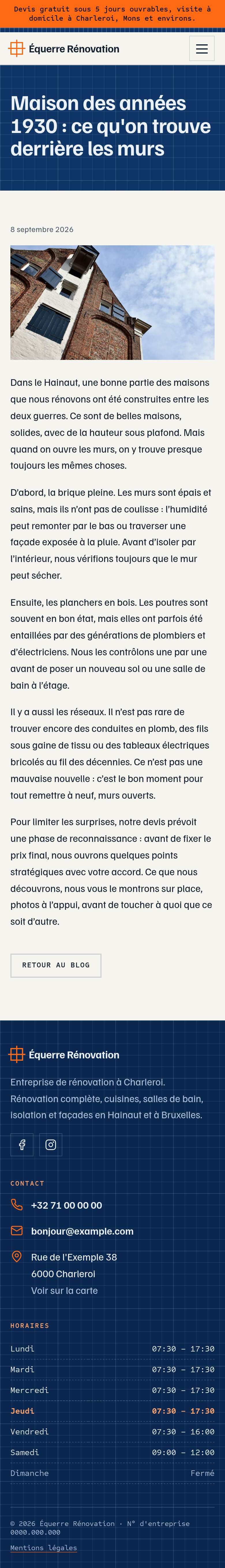 La page « Maison des années 1930 : ce qu'on trouve derrière les murs » du modèle Blueprint sur un téléphone, partie 1 sur 2