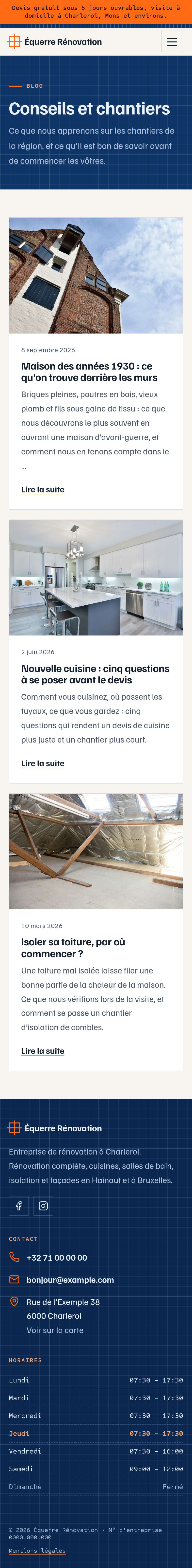 La page « Blog » du modèle Blueprint sur un téléphone, partie 1 sur 2