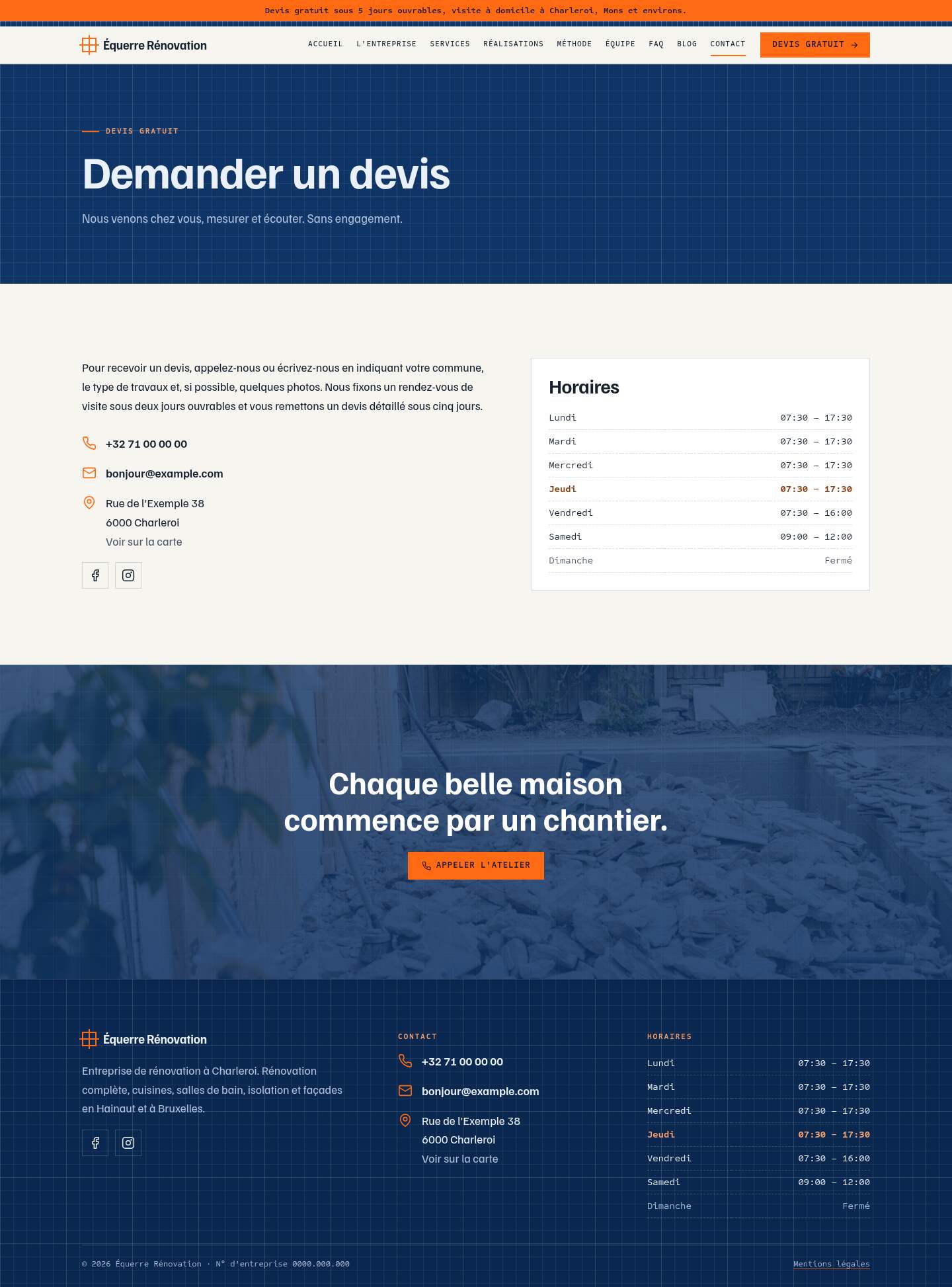 La page « Contact » du modèle Blueprint sur un ordinateur