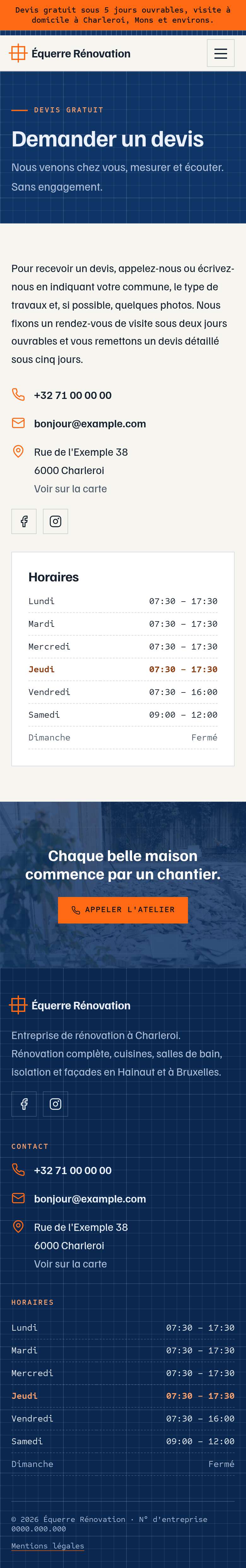 La page « Contact » du modèle Blueprint sur un téléphone, partie 1 sur 1