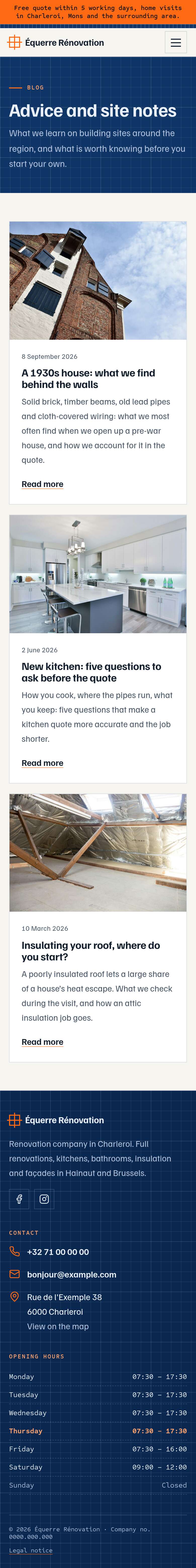 The “Blog” page of the Blueprint design on a phone, part 1 of 2