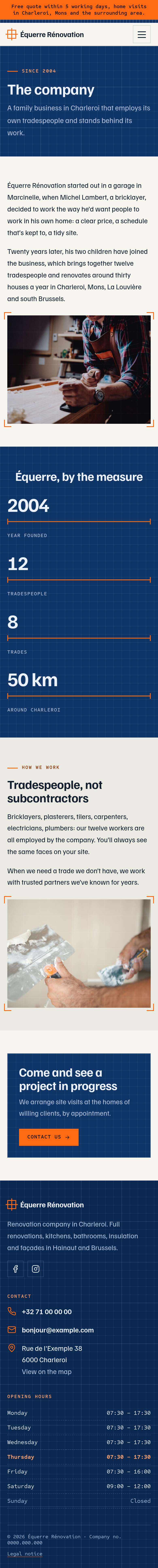 The “The company” page of the Blueprint design on a phone, part 1 of 2