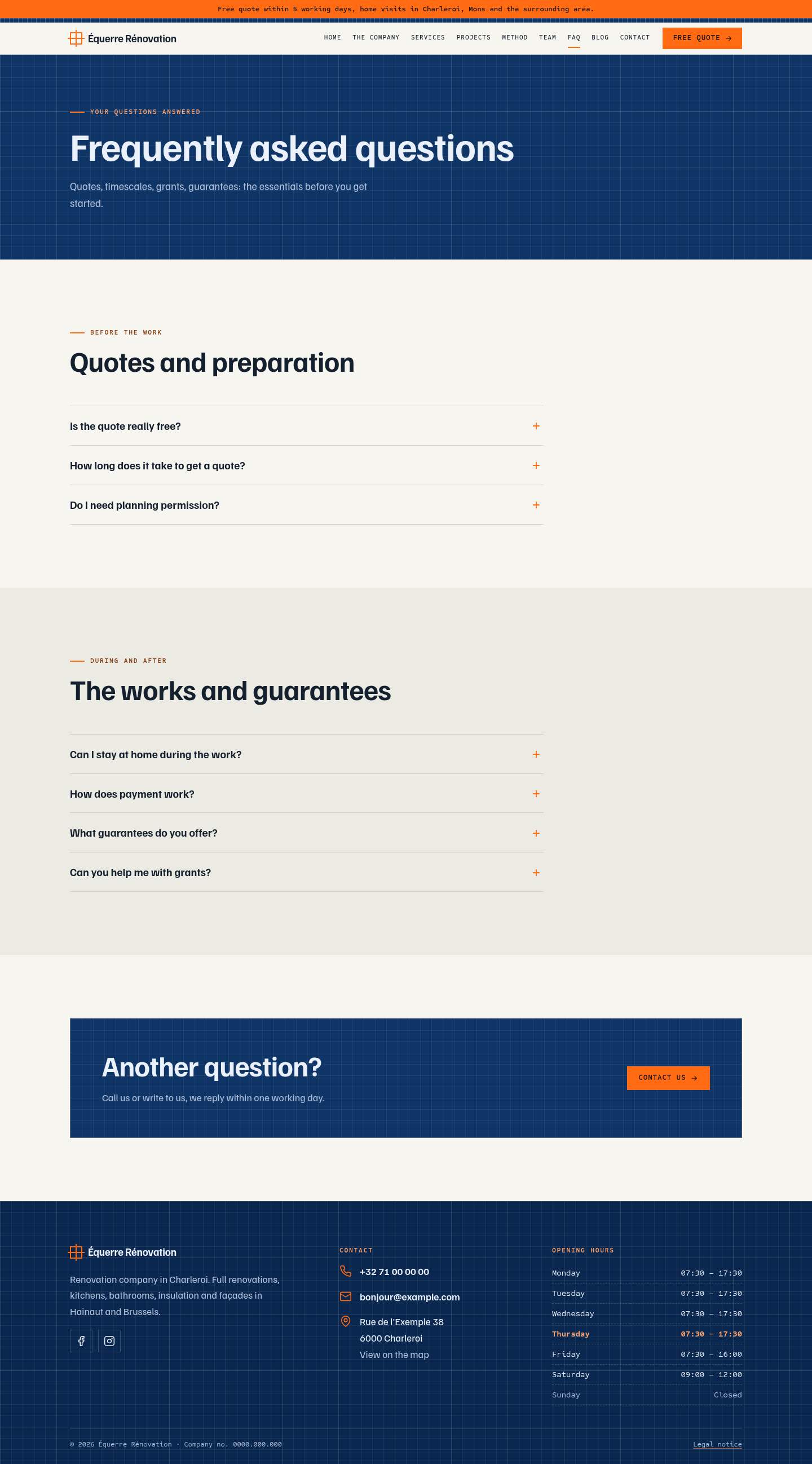 The “FAQ” page of the Blueprint design on a computer
