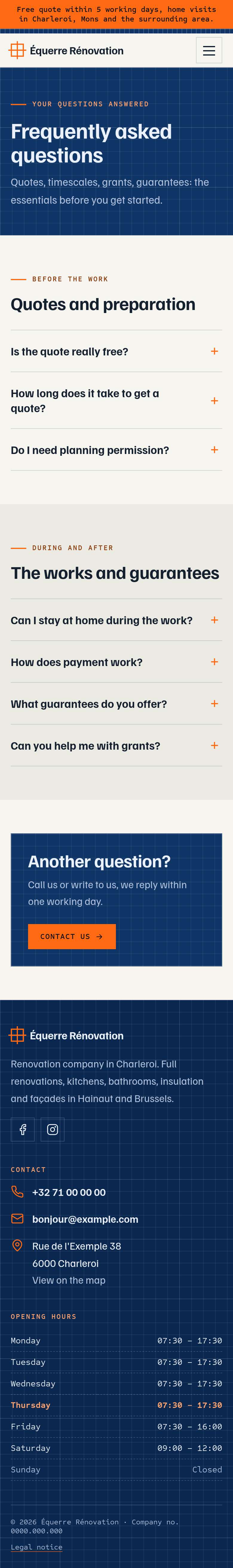 The “FAQ” page of the Blueprint design on a phone, part 1 of 2