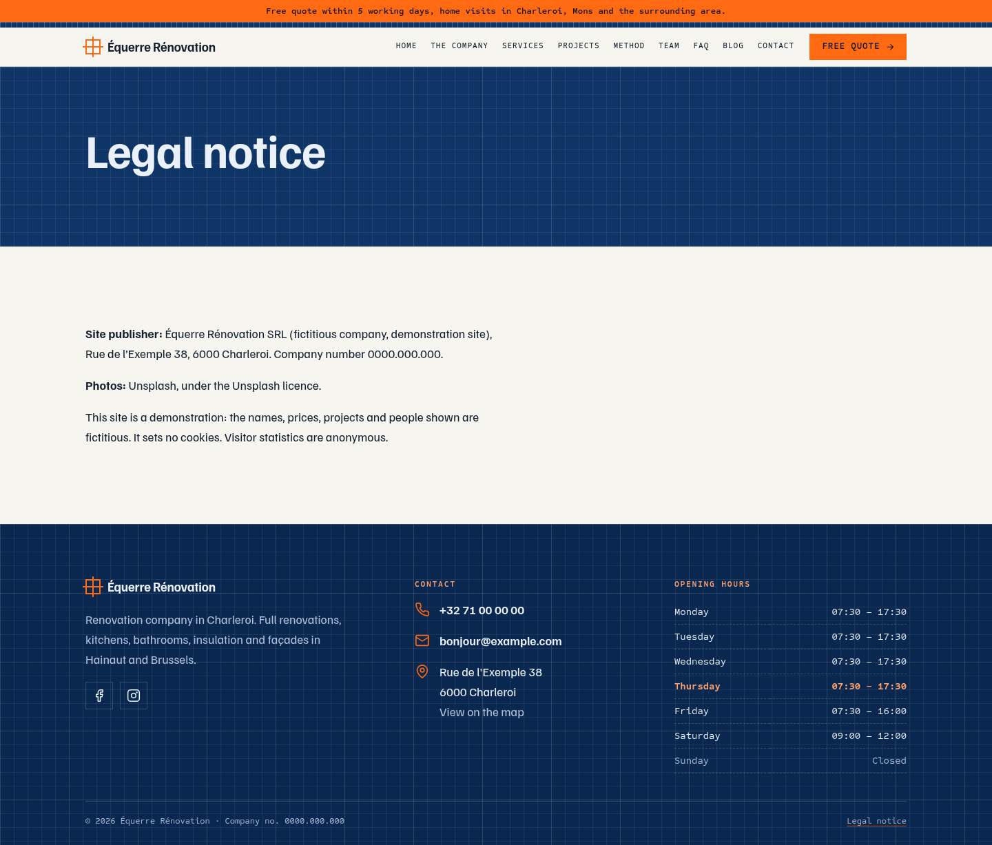 The “Legal notice” page of the Blueprint design on a computer