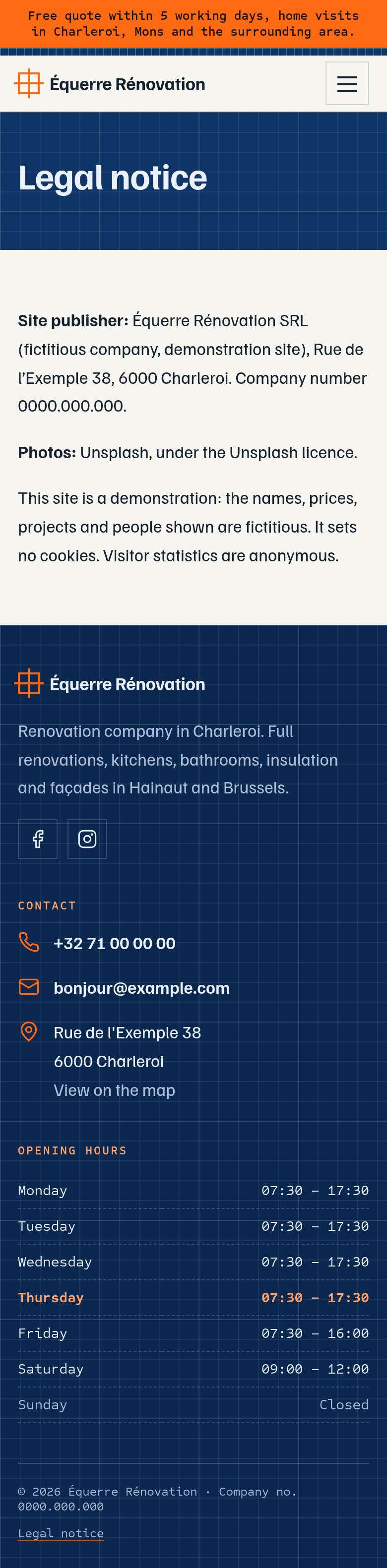 The “Legal notice” page of the Blueprint design on a phone, part 1 of 1