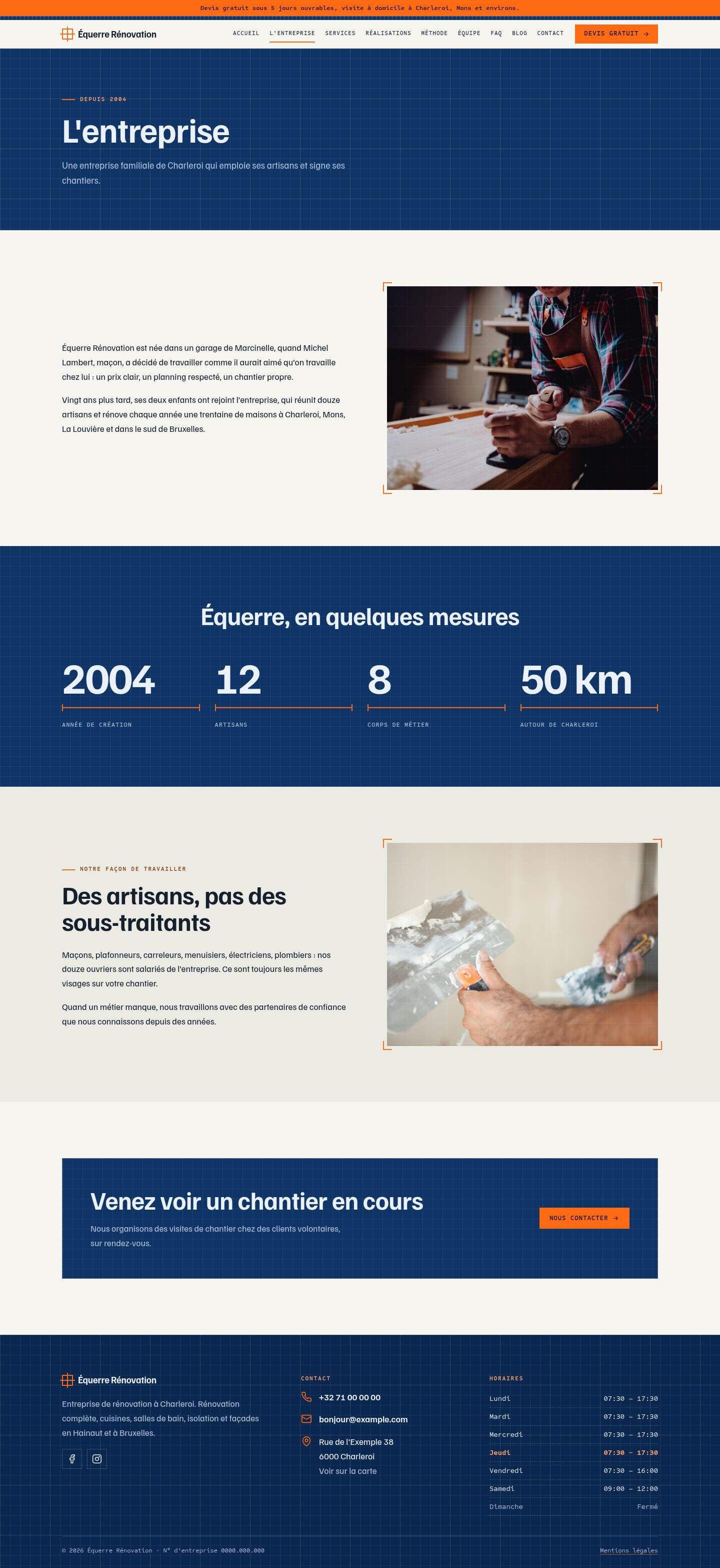 La page « L'entreprise » du modèle Blueprint sur un ordinateur