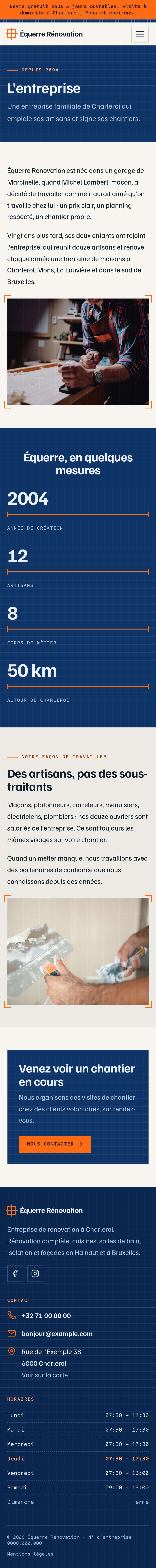 La page « L'entreprise » du modèle Blueprint sur un téléphone, partie 1 sur 2