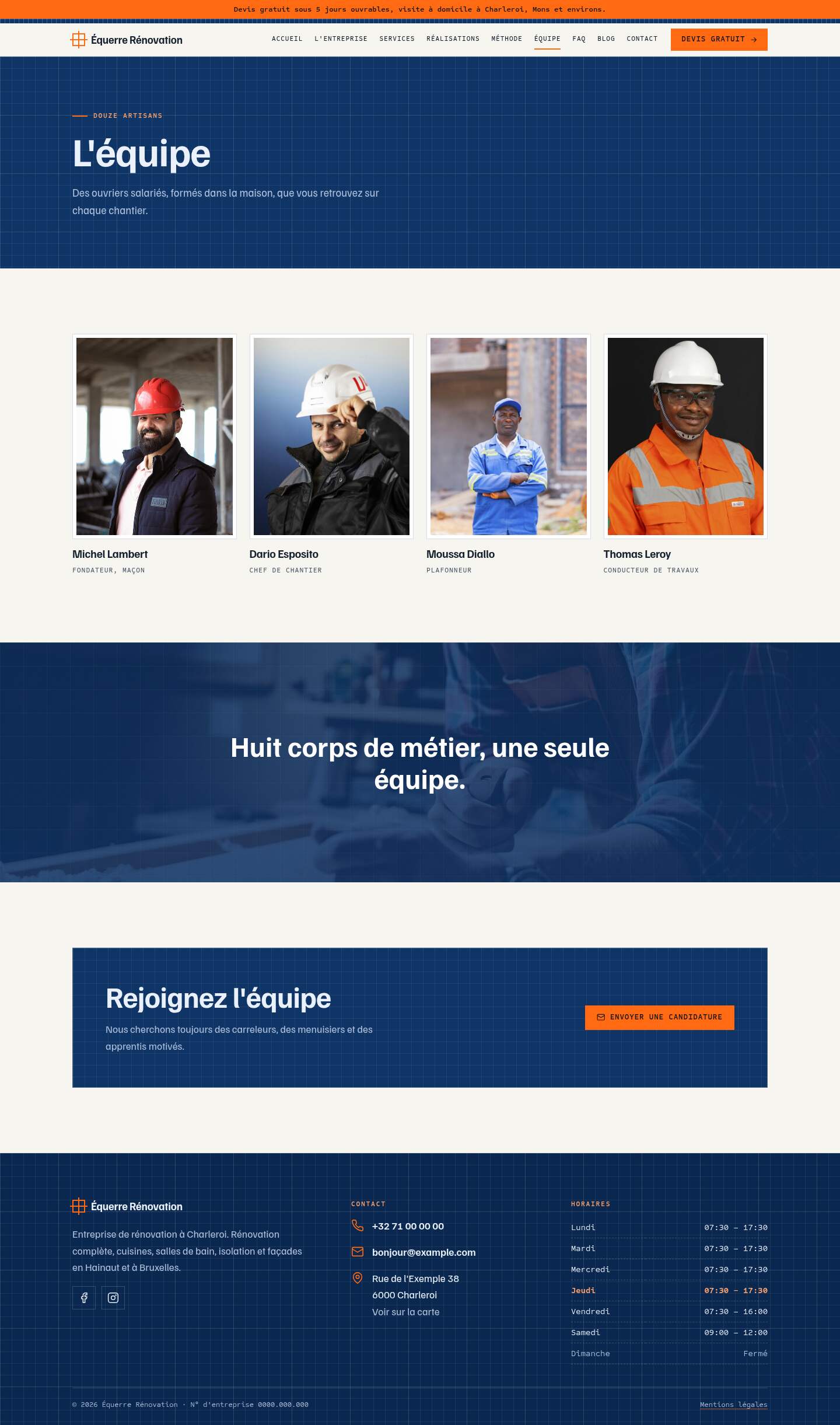 La page « Équipe » du modèle Blueprint sur un ordinateur