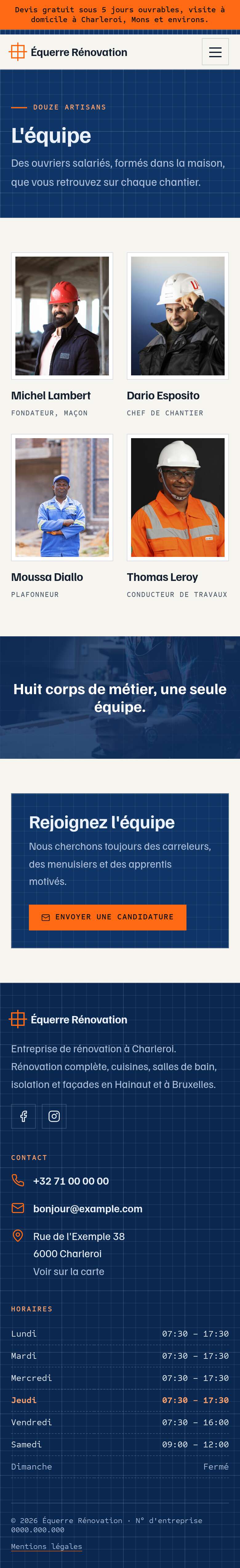 La page « Équipe » du modèle Blueprint sur un téléphone, partie 1 sur 2