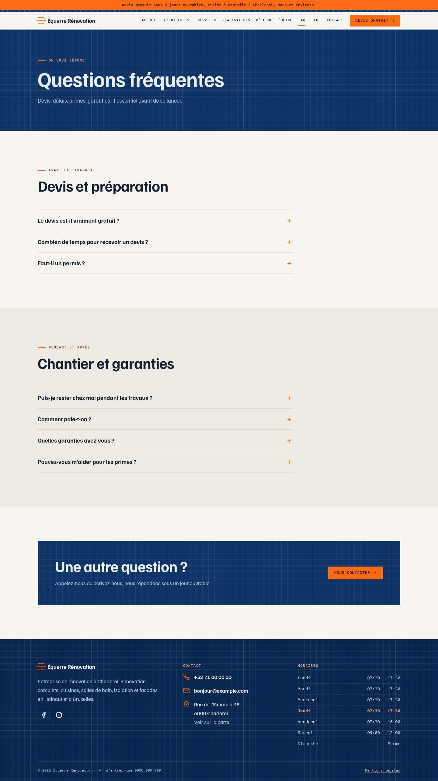 La page « FAQ » du modèle Blueprint sur un ordinateur
