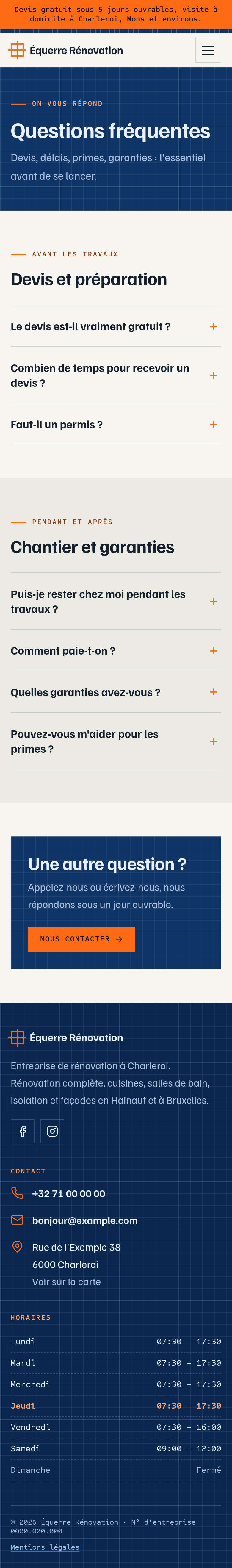 La page « FAQ » du modèle Blueprint sur un téléphone, partie 1 sur 2