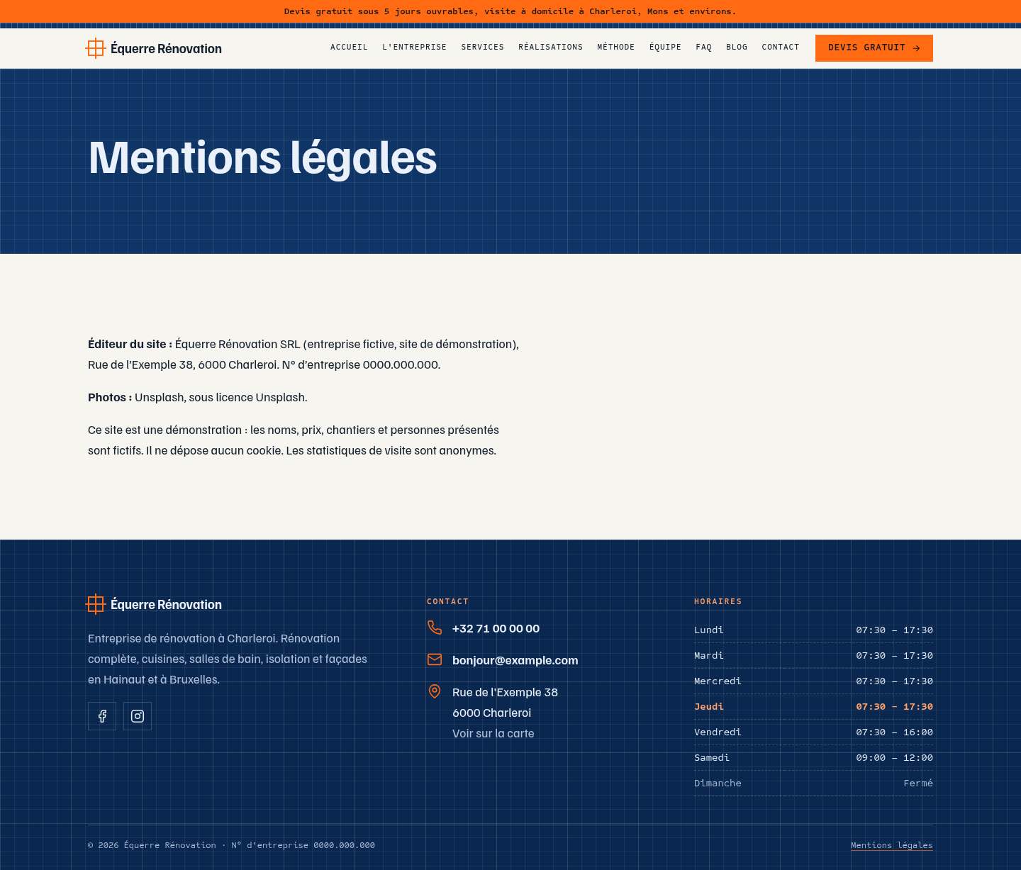 La page « Mentions légales » du modèle Blueprint sur un ordinateur