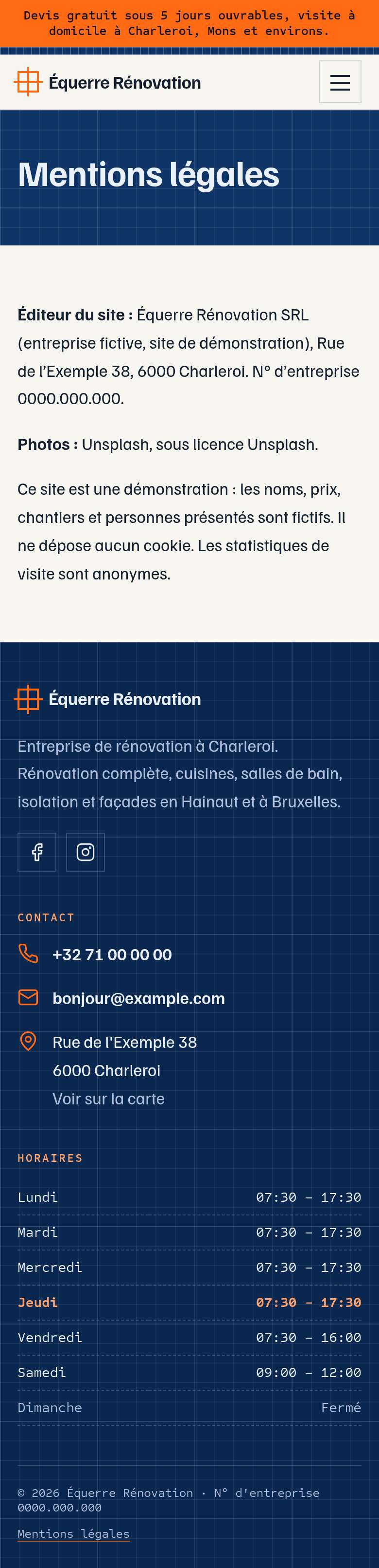 La page « Mentions légales » du modèle Blueprint sur un téléphone, partie 1 sur 1