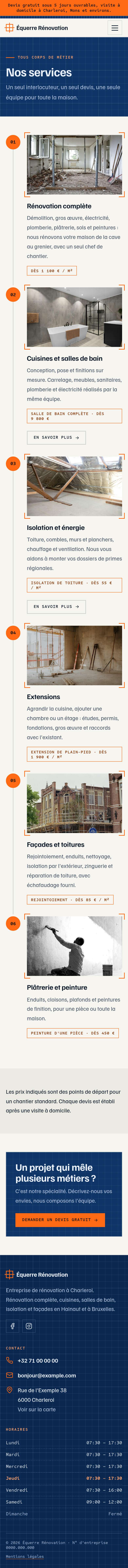 La page « Services » du modèle Blueprint sur un téléphone, partie 1 sur 2