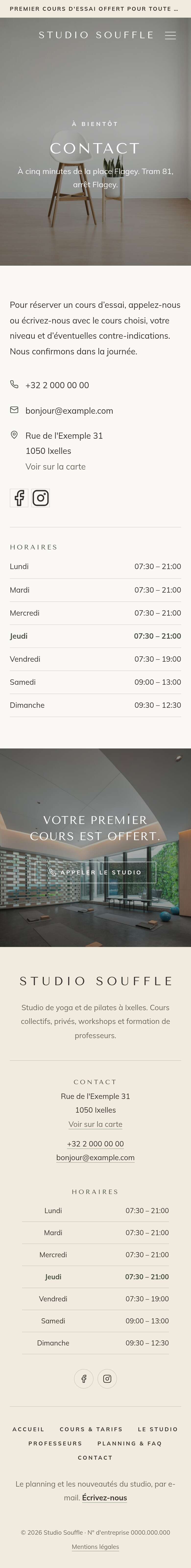 La page « Contact » du modèle Cascade sur un téléphone, partie 1 sur 2
