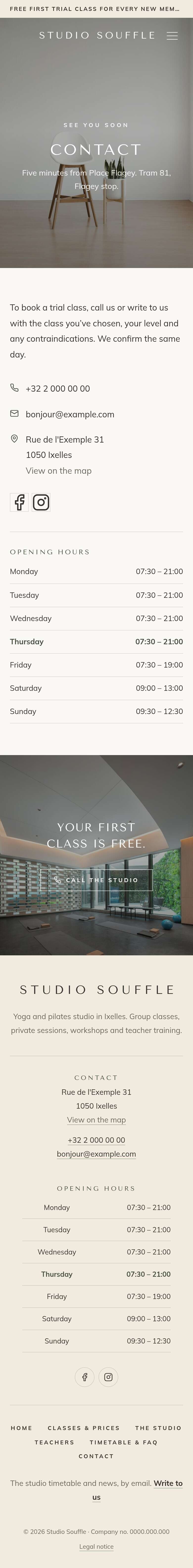 The “Contact” page of the Cascade design on a phone, part 1 of 2