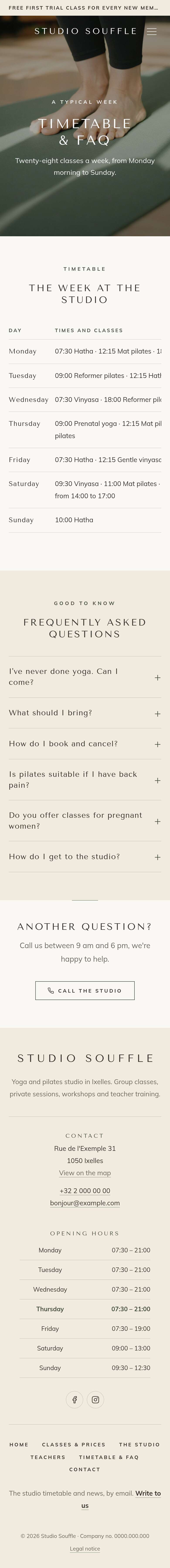 The “Timetable & FAQ” page of the Cascade design on a phone, part 1 of 2