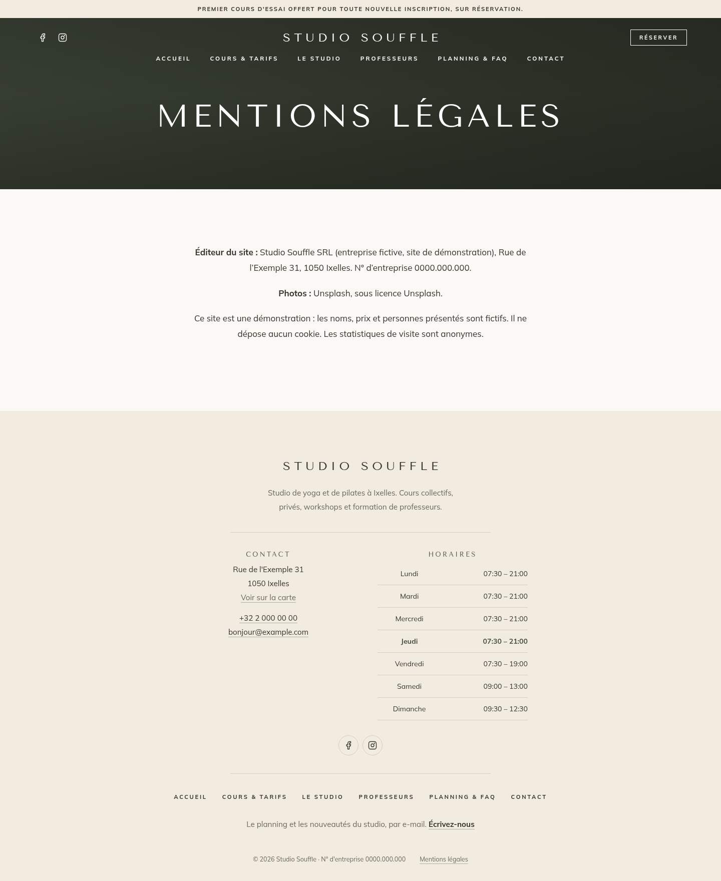 La page « Mentions légales » du modèle Cascade sur un ordinateur