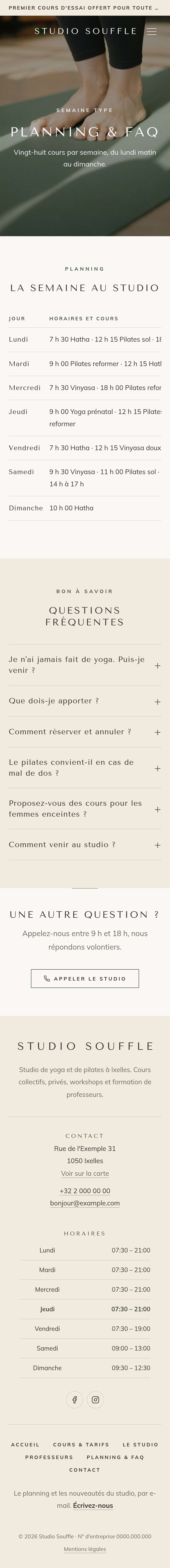 La page « Planning & FAQ » du modèle Cascade sur un téléphone, partie 1 sur 2