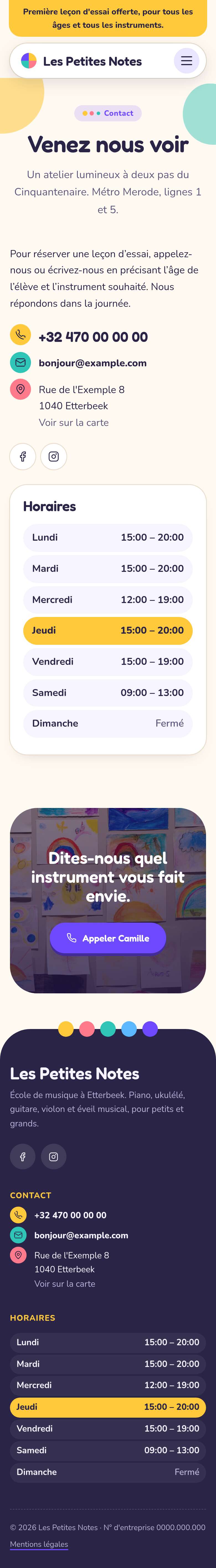 La page « Contact » du modèle Chalk sur un téléphone, partie 1 sur 2